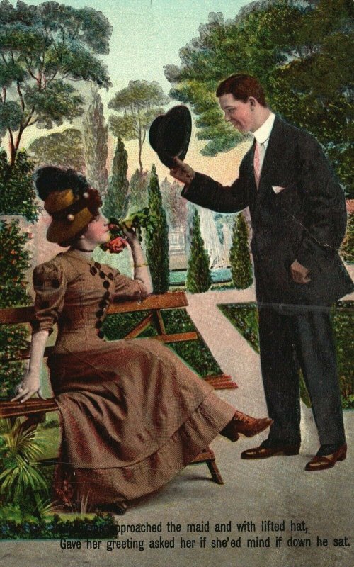 Vintage Postcard Approached the Maid & With a Lifted Hat Man Greeting Woman