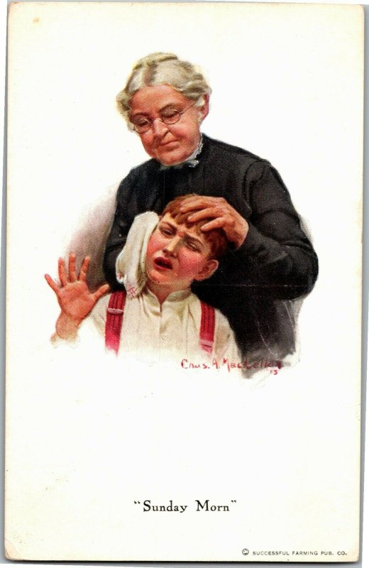 Sunday Morn, Grandma Scrubs Boys Ears Vintage Postcard A32