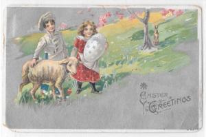 1907 Vintage Postcard Easter Greetings Lamb Children Large Egg Bunny