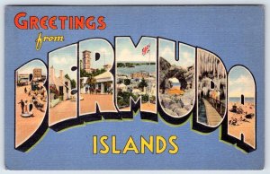1940 GREETINGS FROM BERMUDA ISLANDS LARGE LETTER VINTAGE LINEN POSTCARD