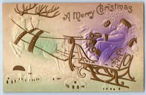 c1910's Christmas Santa Claus And Reindeer Sleigh Airbrushed Embossed Postcard