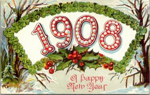 Vtg 1908 Happy New Years Four Lear Clover Shamrocks Embossed Postcard