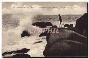 Old Postcard Lighthouse Ploumanach Breakers past the lighthouse in the distan...