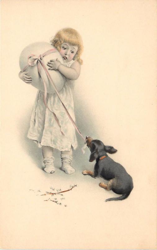 Chromograph MM Vienne French Easter Postcard 254 Dachshund Dog Child w/ Huge Egg
