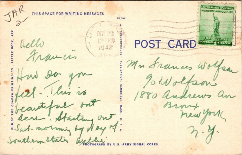 Headquarters Building Camp Robinson Arkansas AR Postcard WOB Note c1942 Canceled 