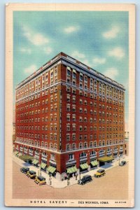 Des Moines Iowa IA Postcard Hotel Savery Building Exterior 1938 Vintage Cars