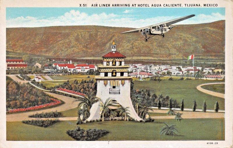 TIJUANA BAJA CALIFORNIA MEXICO~AIR LINER ARRIVING HOTEL AGUA CALIENTE POSTCARD