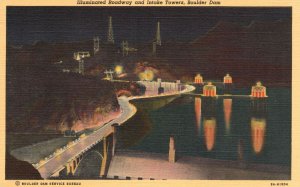 Vintage Postcard Illuminated Roadway And Intake Towers Boulder Dam Nevada NV