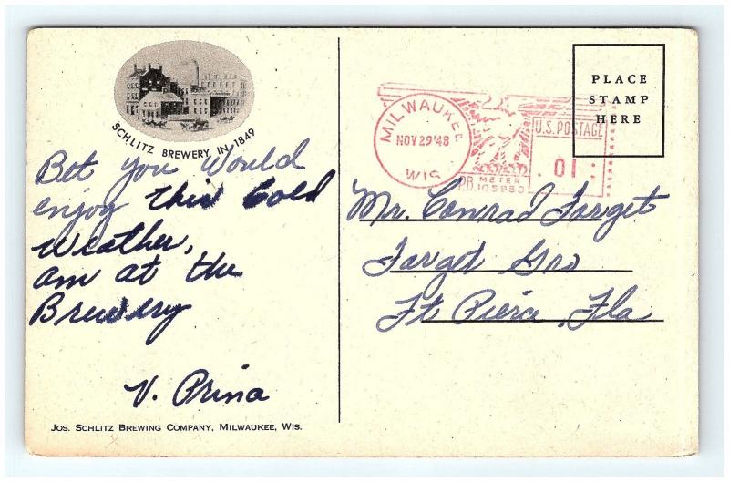 Postcard WI Milwaukee Schlitz Brewing Company Airview Brewery 1940s Linen G08