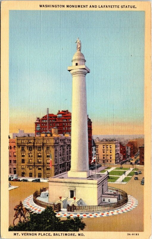 Washington Monument Lafayette Statue Mt Vernon Place Baltimore MD Linen Postcard 