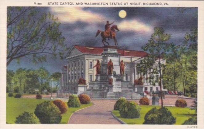 Virginia Richmond State Capitol Building & Washington Statue At Night
