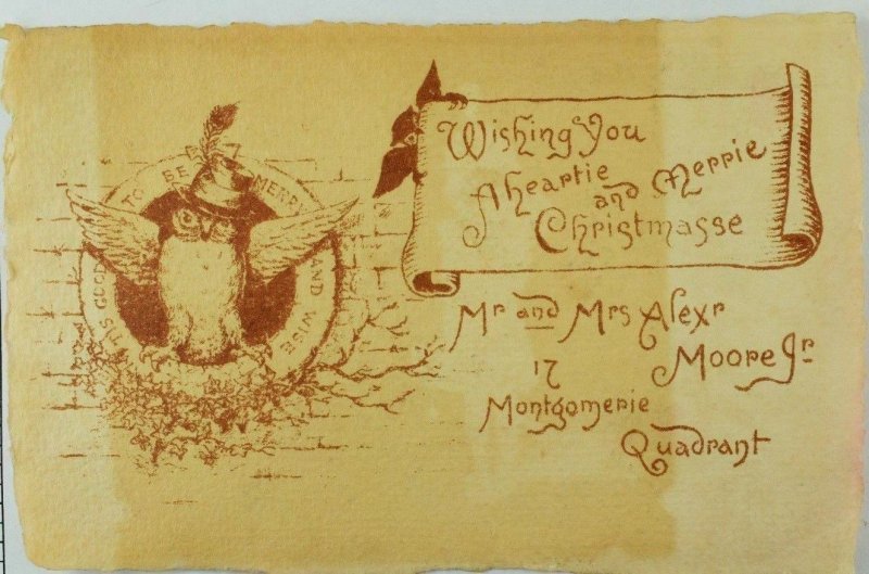 1880's Christmas Card  Parchment-Style Border Owl With Hat, Owl & Scroll &G