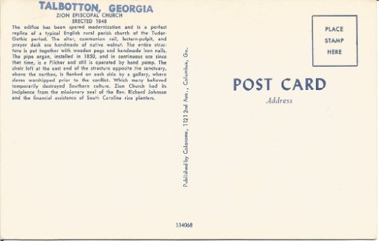 Talbotton Georgia Zion Episcopal Church Vintage Postcard