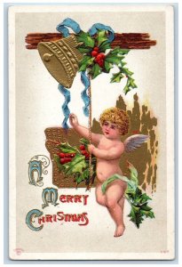 Christmas Postcard Angel Cherub Ringing Bell Holly Berries Embossed Antique