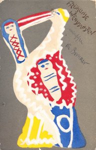 Christmas Greetings 1903 Colorful Stork Art Sleeping babies Baby postcard C357