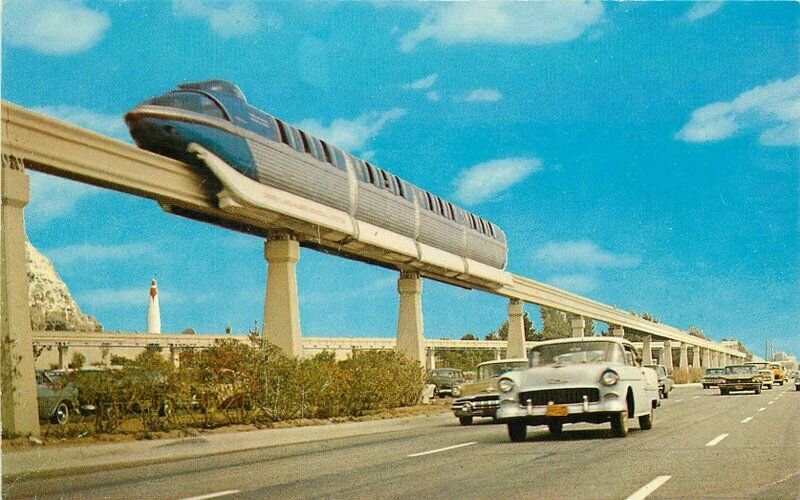 Amusement Anaheim California Disneyland Monorail Postcard automobiles 11141