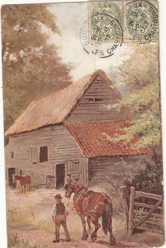 Horse  and man in the farm Old vintage French postcard