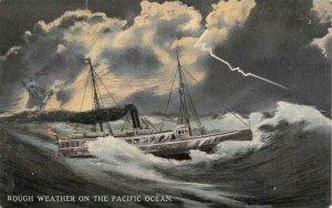 Rough Weather On The Pacific Ocean  SHIP~STORM~WAVES~LIGHTNING ca1910's Postcard