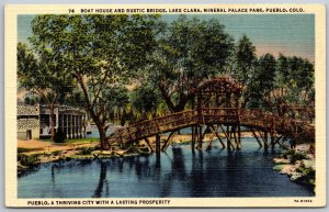 Vtg Pueblo Colorado Boat House Rustic Bridge Lake Clara Mineral Palace Postcard