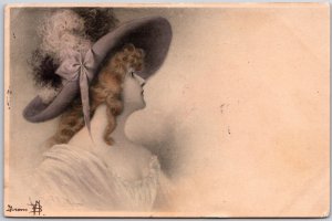Beautiful Woman Signed Fashioned Hat Side View Curly Hair Postcard