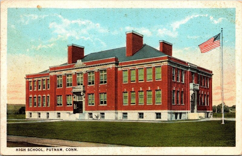 Front View High School Putnam Connecticut CT Us Flag Flying Postcard Note WOB PM 