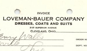 1938 LOVEMAN-BAUER COMPANY CLEVELAND OHIO DRESSES COATS BILLHEAD INVOICE Z695