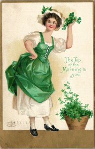 Ellen Clapsaddle St Patrick's Day Lady In Green Planter of Shamrock Postcard W9