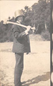 Man with Axe Bucket on Head Real Photo Vintage Postcard AA71207