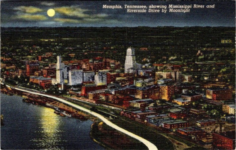 Memphis, TN Tennessee  CITY~RIVERSIDE DRIVE~RIVER/Night View  ca1940's Postcard