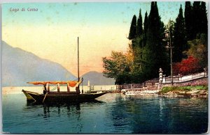 Lago Di Como Lombardy Italy Upscale Resort Area Boat Pine Trees Postcard