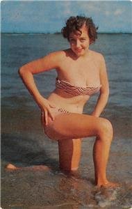 A Cool Dip Pin-Up Girl Bathing Suit Bikini Brunette c1950s Vintage Postcard
