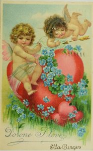 Circa 1910 Valentine Lovely Cupid Cherub Flowers Hearts Vintage Postcard P59