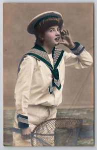 RPPC Lovely Lady Sailor Fishing Net Studio Seascape Tinted Color Postcard L36