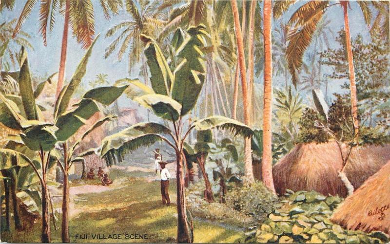 FIJI early/vintage Tuck's Art Oilette postcard Village Scene natives wood huts