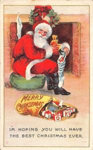 F64/ Santa Claus Merry Christmas Postcard 1916 Fireplace Stockings 17