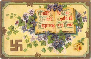 Health and Happiness to you flowers swastika embossed antique pc ZA441505