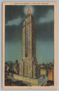 New York City NY~Empire State Bldg @ Night~PM 1938~MP Co Linen Vintage Postcard