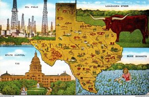 Texas Map With Oil Field Longhorn Steer State Capitol and Blue Bonnets