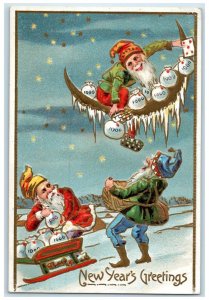 1910 New Year Greetings Elf Gnomes Lost Nation Iowa IA Embossed Antique Postcard