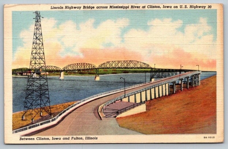 Lincoln Highway Bridge - Clinton, Iowa - Fulton, Illinois Postcard - 1945