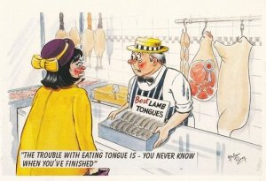 Butchers Selling Lamb Tongue Meat Bad Taste Sick Comic Humour Postcard