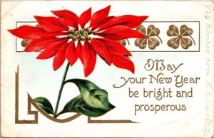 Poinsettia Flower Shamrocks New Year Greeting Postcard