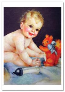 Little Child and Toy squirrel by Charlotte Becker New Modern postcard