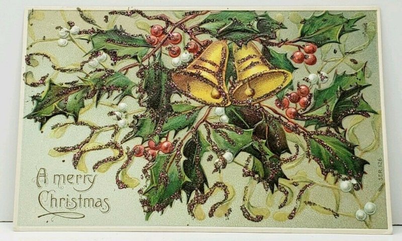 Christmas Greetings Glitter Holly Berry Bells Embossed c1915 Postcard J10