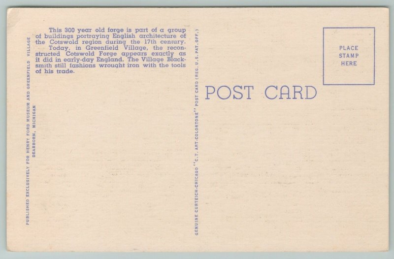 Dearborn Michigan~Greenfield Village~Cotswold Forge~Vintage Postcard