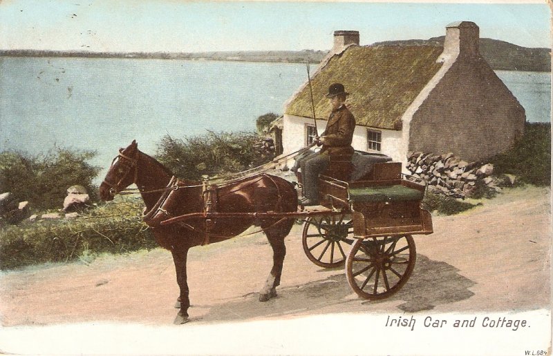 Irish Car and cottage. Horse Old vintage, antique nEnglish postcard