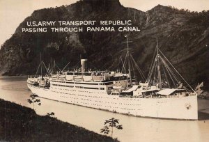 RPPC U.S. ARMY TRANSPORT REPUBLIC SHIP PANAMA CANAL ZONE REAL PHOTO POSTCARD