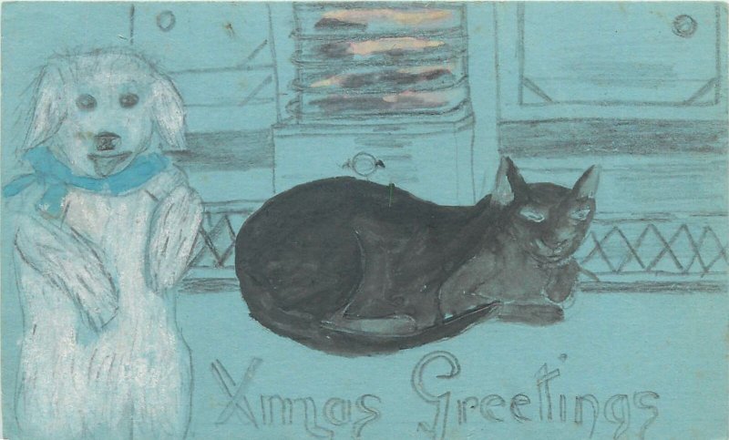 Hand drawn Happy X-mas greetings early Postcard dog and cat