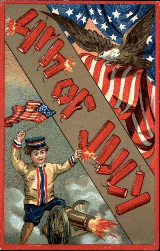 Fourth of July Little Boy Lighting Fireworks Cannon c1910 Vintage Postcard