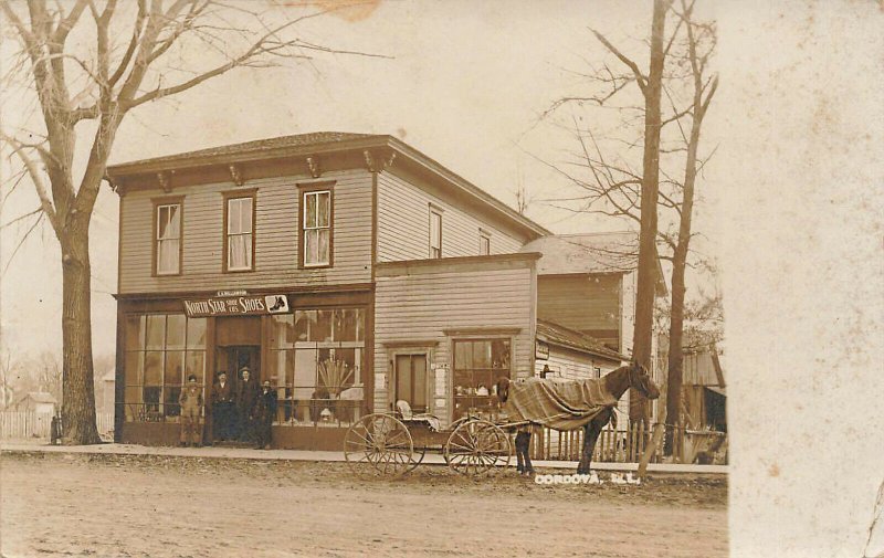 Cordova IL Williamson North Star Shoe Company Horse & Wagon Real Photo Postcard